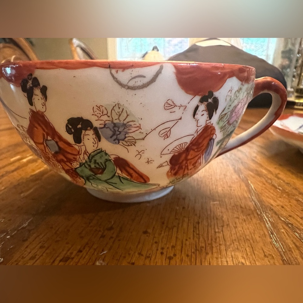 Vintage antique, porcelain tea, cup and saucer, hand-painted Japanese geisha.